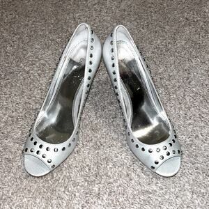 Enzo Angiolini Silver Studded Open Toe Stilettos